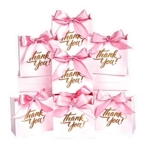 DECHISY 50Pack Small Thank You Gift Bags, 4.5x1.8x3.9 Inch Mini Gift Bags with Ribbon, Baby Shower Favor Bags, Pink Thank You Bags, Party Favor Bags for Candy, Wedding, Bridal Showers, Birthday
