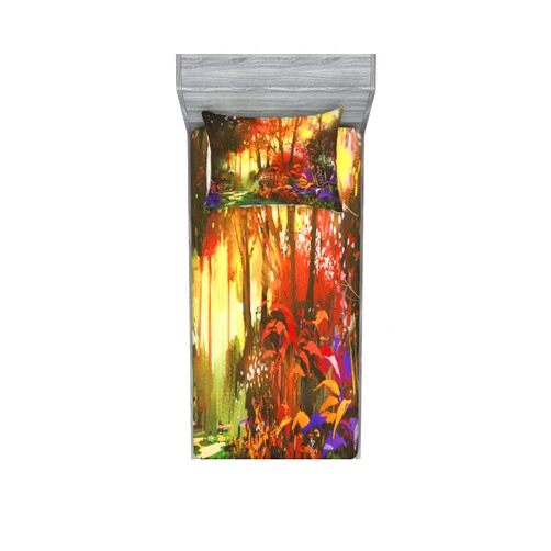 Lunarable Fantasy Fitted Sheet & Pillow Sham Set, Enchanted Forest Scenery with Sun Rays and Vibrant Leaves Ferns Woodland Design, Decorative Printed 2 Piece Bedding Decor Set, Twin, Multicolor