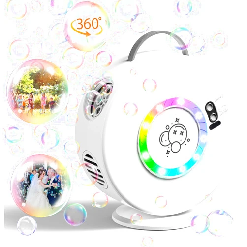 Weilim Bubble Machine Automatic LED Lights Bubble Blower for Kids Rechargeable Portable Bubble Maker Auto Rotating 90°/360° Outdoor Birthday Party Wedding White