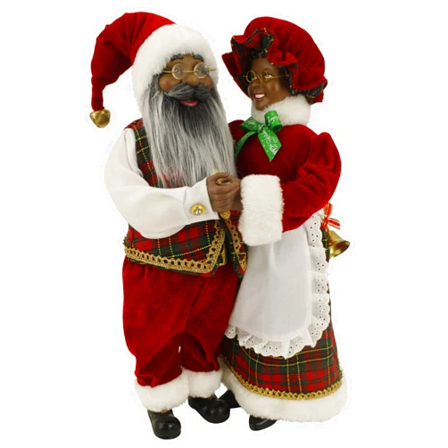 Windy Hill Collection Dancing Mr & Mrs Ethnic African American Santa Claus Red, Green, Gold Plaid 16