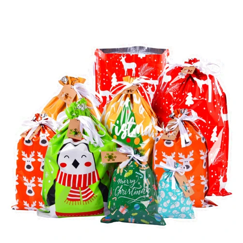 VIMUSFUN Drawstrings Christmas Gift Bags Assorted Sizes, 34Pcs Holiday Gift Bag Bulk Christmas Bags For Gifts, Reusable Plastic Xmas Presents Wrapping Bags Favor Goody Bags Jumbo/Extra Large/Medium/Small Size