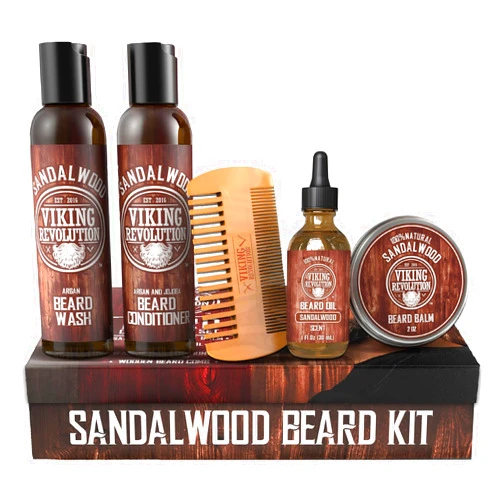 Viking Revolution Ultimate Conditioner for Men's Beard Grooming - Softens, Smoothes and Soothes Beard Itch- Contains Wash, Conditioner, Oil, Balm and Comb- Sandalwood Scent