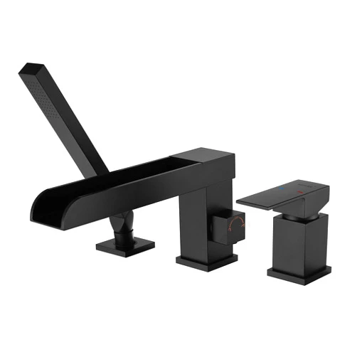 Wowkk Waterfall Roman Tub Faucets Deck Mount Black Bathtub Faucets Brass Tub Filler Bathroom Faucets with Hand Shower