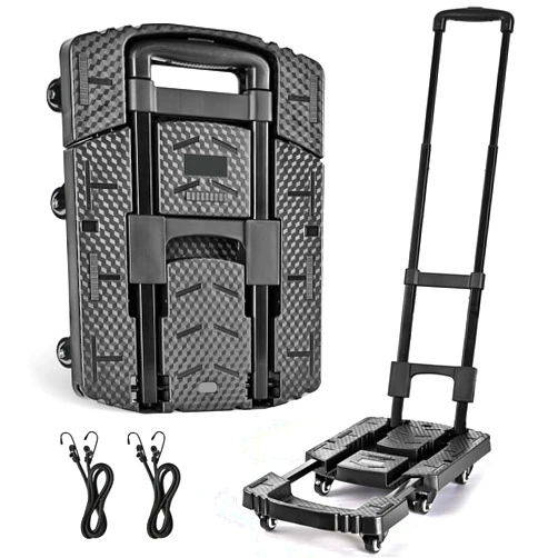Caxlis Upgrade Folding Hand Truck, 500lbs Heavy Duty Dolly Cart, Professional Utility Dolly Platform Cart with 6 Wheels and 2 Elastic Ropes for Luggage, Travel, Moving, Shopping, Office Use, Black