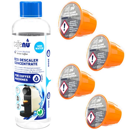 Caffenu Nespresso Compatible Descaling Kit & Cleaning Pods. 2 Use Descaling Solution & 4 Cleaner Pods. Removes Limescale & Cleans Pod Area. Better Tasting, Hotter Coffee. Nespresso Originaline.