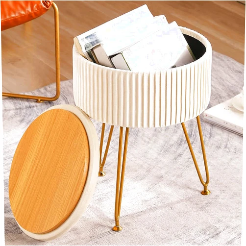 CUYOCA Round Storage Ottoman with Tray, Vanity Stool with Storage for Living Room Makeup Room, Coffee Table Foot Rest Stool for Vanity, Velvet Cream