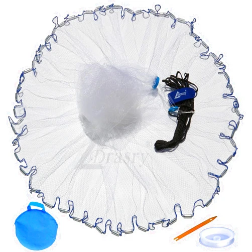 Drasry Saltwater American Fishing Cast Net 3/8inch Mesh Size for Bait Shrimp Trap Fish Heavy Duty Sinkers Throw Net 3FT/4FT/5FT/6FT/7FT/8FT/9FT/10FT Radius