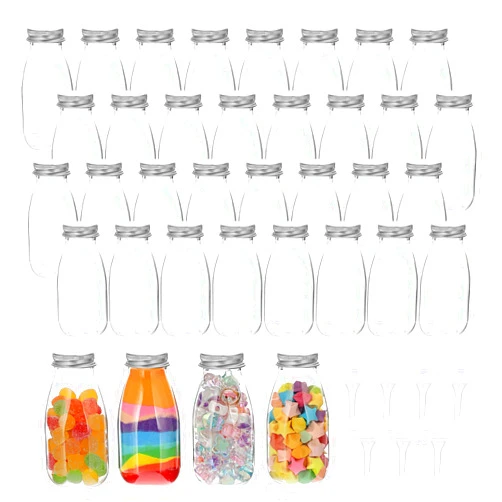 BTSKY 36 Pcs 4 oz Plastic Mini Potion Bottles Small Jars with Aluminum Lids DIY Decoration Clear Sand Art Bottles Tiny sand Jars Wishing/Message Bottle for Halloween Decorations, Wedding/Party Favors