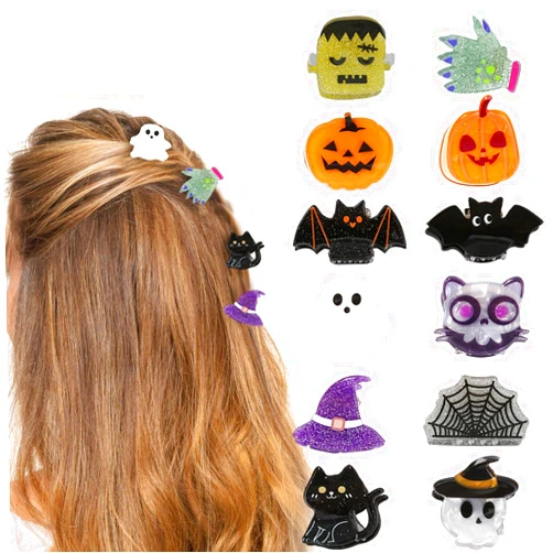 Mtruil 12 Pcs Halloween Hair Claw Clips,Cute Pumpkin、Ghost、Bat、Spiderweb and Hat Designs Halloween Hair Claws Strong Hold Jaw Clip Mini Hair Clips for Women Girls Hair Accessories