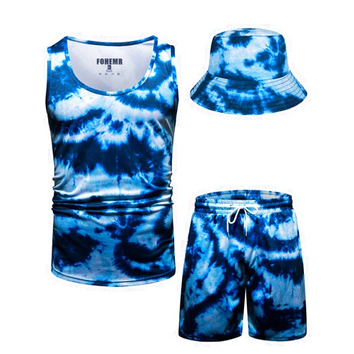 fohemr Mens Hawaiian Outfit Set Luxury Tank Top Short Set Sleeveless Baroque Chain Print Floral Beach Outfits with Bucket Hat
