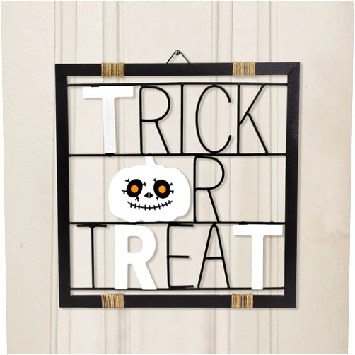 IDATOO Halloween Wood Hanging Sign Front Door Plaques Decorations Welcome Farmhouse Trick or Treat Pumpkin Wall Metal Halloween Door Decor for Indoor Outdoor Halloween Party Supplies (Black)