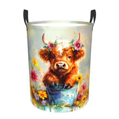 YDTBRUF Cattle Sunflower Laundry Basket Highland Cow Hamper Clothes Storage Bucket Daisy Animal Organizer Bin Watercolor Sky Flower Foldable Waterproof Oxford Cloth Funny Tote Bag Floral Plants Laundry Hamper