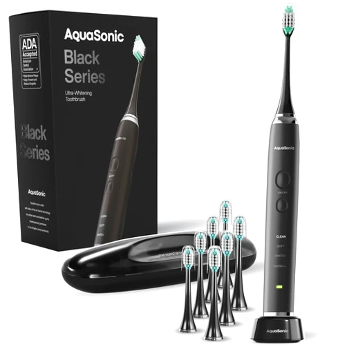 Aquasonic Black Series Ultra Whitening Toothbrush – ADA Accepted Electric Toothbrush- 8 Brush Heads & Travel Case – 40,000 VPM Electric Motor & Wireless Charging - 4 Modes w Smart Timer