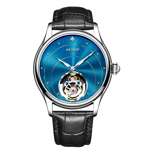 AESOP Tourbillon Watches for Men Mechanical Hand Wind Wrist Watches Skeleton Stainless Steel Sapphire Crystal 30M Waterproof Classic Dress Luxury Business Watch Black Blue White Dial 7048