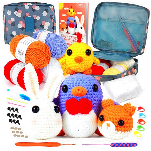 Coopay Crochet Kit for Beginners: 4 in 1 Crochet Animal Kit - Penguin, Chick, Rabbit & Fox, Crochet Set Beginner Crochet Starter Kit for Adults, Learn to Crocheting Knitting Kit Includes Instructions
