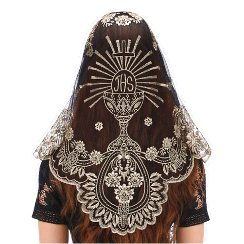 Bozidol Traditional Triangular church veil - Spanish Style with Holy Grail Embroidery Lace Mantilla veil for women