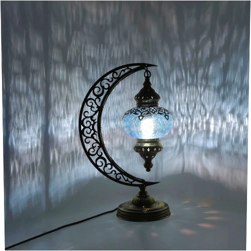 ATÖLYE LAMP DESIGN Turkish Moon Table Lamp with Cracked Glass Pattern | Exquisite Cracked Pattern Glass | Unique Moroccan Vintage Decorative Lamp | Illuminate Your Home with Elegance (Turquoise)