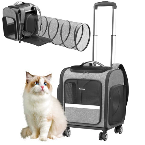Pawtners Rolling Cat Carrier with Wheels: Airline Approved Dog Carrier for Small Dogs & Large Cats, Expandable Pet Carrier on Wheels with Cat Play Tunnel, Large Capacity, Breathable Mesh, Side Pocket, Grey
