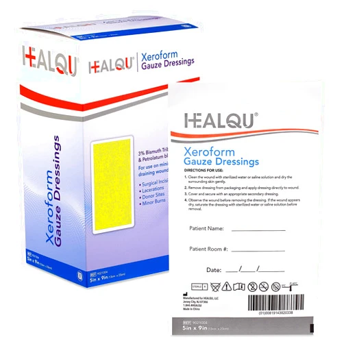 HEALQU Medical Xeroform Petrolatum Dressing 5x9-50 Count - Non-Adherent Gauze Pad for Low Exudating Wounds - Fine Mesh Gauze Patch Sterile for Wound Care Lacerations, Burns & Skin Grafts