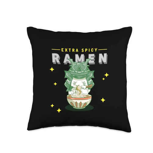 Funny chibi animals eating ramen noodles otaizart Kawaii Japanese Chibi Anime Neko Eating Ramen Noodles Throw Pillow, 16x16, Multicolor