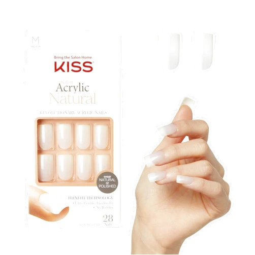 KISS Salon Acrylic Natural Nails, “Euphoria”, Medium Length, Ultra-Smooth Finish, DIY At-Home Manicure Kit with Pink Gel Nail Glue, Mini File, Manicure Stick, and 28 Nails in 14 sizes