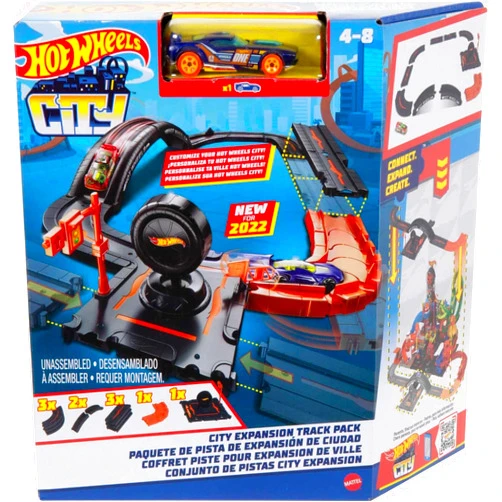 Hot Wheels Toy Car Track Set Pack, 10 Track-Building Parts with City Square, Bridge & 1:64 Scale Vehicle, Connects to Other Tracks