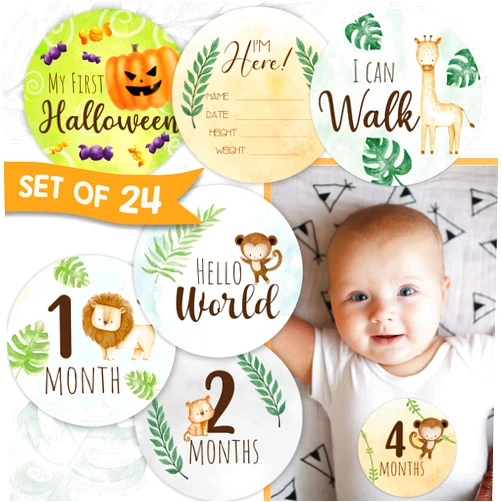 EnjoyMyDesign Baby Monthly Milestone Stickers 24 Pack, Safari Animals Pregnancy and Baby Shower Registry Gifts for Boys and Girls, Newborn Photography Props and Baby Birth Sign Month Stickers