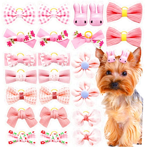 Mruq pet 20pc Light Pink Small Dog Hair Bows with Rubber Bands, Bulk Puppy Dog Hair Bows, Mix Handmade Cute Dog Gooming Flower Ball Bowknot Top Knot for Holiday Daily Yorkie Dog Hair Accessories