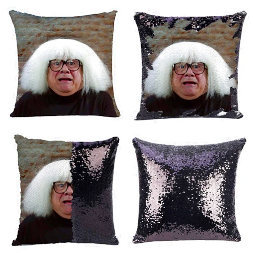Jiamos Danny DeVito Sequin Pillow Cover Magic Reversible Mermaid Pillow Case Funny Gifts Decorative Cushion Cover Glitter Accent Pillow 16x16 Inches (Black)