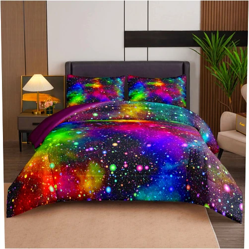 Tailor Shop Galaxy Comforter Set Colorful Outer Space Starry Sky Rainbow Night Pattern Bedding Set for Girls Boys Kids Queen Size with 1 Comforter 2 Pillowcases……