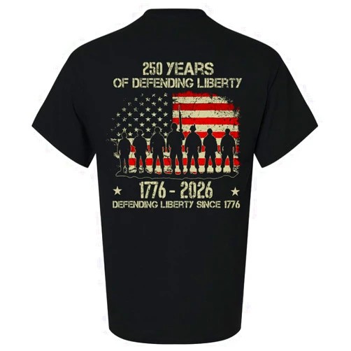 Trenz Shirt Company Patriot Pride Men’s T-Shirt – 250th Anniversary of Defending Liberty, Soldiers in USA Flag Design
