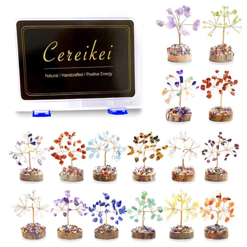 Cereikei 7 Chakra Healing Crystal Tree of Life, Set of 16 Handcrafted Crystals and Healing Stones Trees Collection, Home and Office Feng Shui Decor, Real Natural Crystal Tree Set with Info Guide