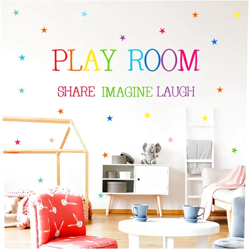 HINGSONG Colorful Playroom Inspirational Wall Decals Rainbow Share Imagine Laugh Motivational Phrases Wall Stickers for Kids Bedroom Nursery Classroom (Playroom A)
