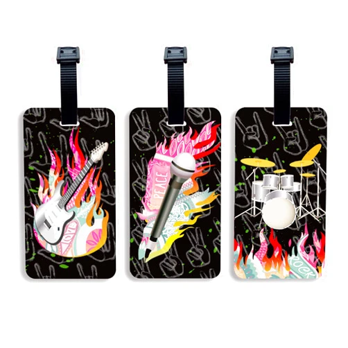 SetGo Band Themed Plastic Luggage Tag, Set of 3 Pieces: Mic, Guitar, and Drum Set Print, ID Labels for School Bag Tag, Musical Instrument Bags, Cases, Covers (Guitar, Mic, Drum)