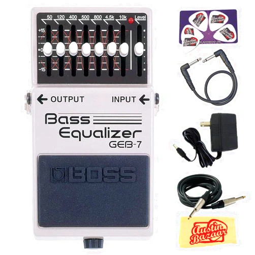 Boss GEB-7 Bass Equalizer Bundle with Gearlux Power Supply, Instrument Cable, Patch Cable, Picks, and Austin Bazaar Polishing Cloth