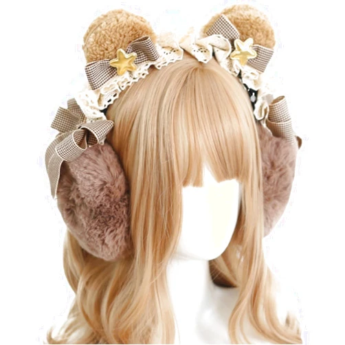 CoBtee Lolita Kawaii Cute Sheep Ears Hair Band Ear Warmers Headband Head Wrap Women Girls Winter Christmas Party Halloween (bear ear earmuff)