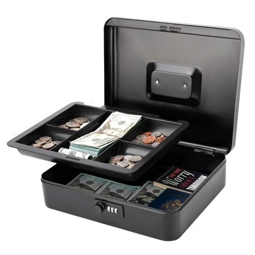 Jssmst X- Large Cash Box with Combination Lock - Durable Metal Cash Box with Money Tray, Black, 11.81 x 9.84 x 3.46 inches, CB0701XLN