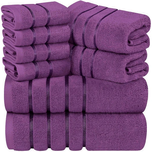 Utopia Towels 8-Piece Luxury Towel Set, 2 Bath Towels, 2 Hand Towels, and 4 Wash Cloths, 600 GSM Ring Spun Cotton Highly Absorbent Viscose Stripe Towels Ideal for Everyday use (Plum)