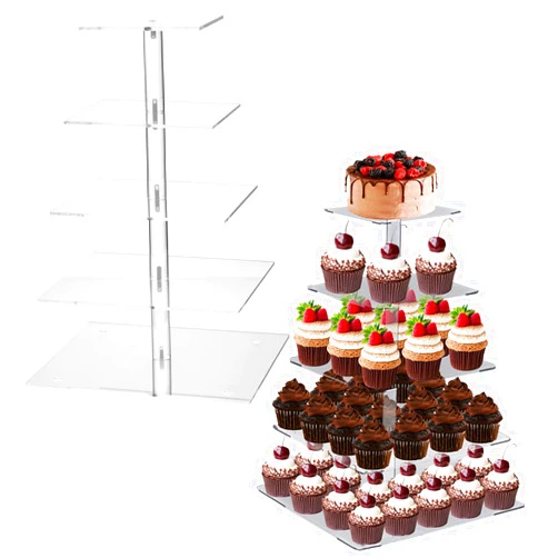 Funvalley Surperfect Large 5 Tier Acrylic Cupcake Stand,Cupcake Tower,Clear Acrylic Cupcake Holder, Dessert Stands for Wedding Birthday Theme Party (SQUARE)