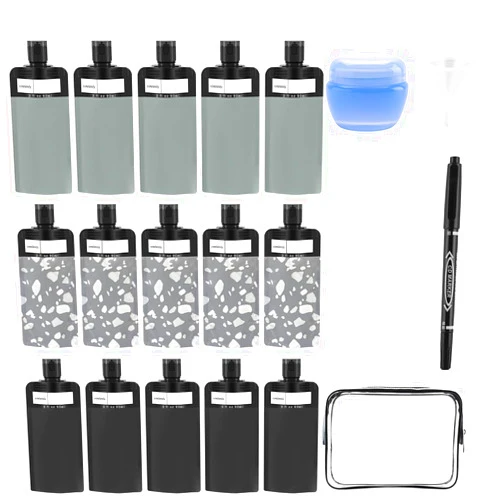 DIBALIYI 21 Pack Squeeze Pouches for Toiletries Liquid, Plastic Portable Refillable Travel Pouches, Leak Proof Fluid Makeup Packing Bag for Lotion Shampoo Conditioner Face Cream Hand Soap (Black)