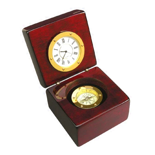 Jiallo Navigator Modern Wood Clock and Compass in Brown/Gold