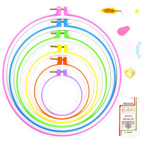 ONESHAW 6 Pieces Embroidery Hoops with 16 Needles Plastic Multicolor Circle Cross Stitch Supplies Embroidery Circle Set Embroidery kit Different Size 3.4 inch to 10.4 inch
