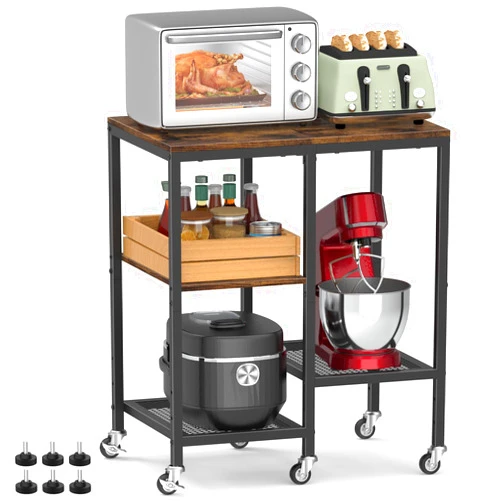 OGEMXU Kitchen Microwave Cart,Microwave Stand with Wheels,Coffee Bar Table Station,4-Tier Rolling Baker's Rack,Small Appliance Storage Shelf,Utility Side Table for Kitchen,Living Room (Rustic Brown)