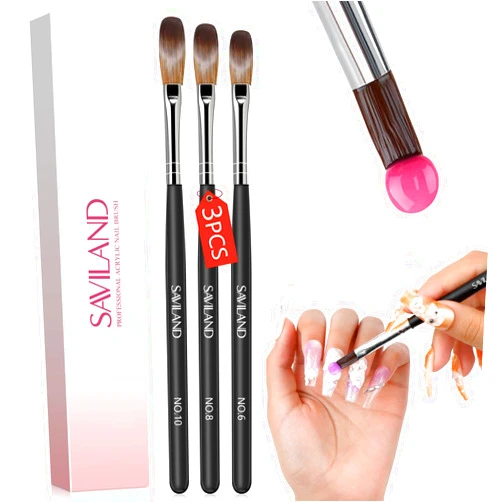 SAVILAND Acrylic Nail Brush Professional: Size 6,8,10 Nail Brushes for Acrylic Powder Application Black Round Shaped Nail Art Brush with Sturdy Handle Manicure Tools Extension Carving for Home Salon