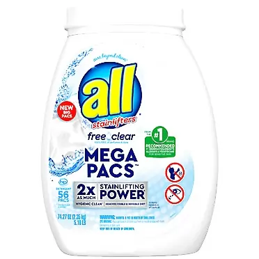 all Mega Pacs Laundry Detergent Pacs, Free Clear for Sensitive Skin, Unscented and Dye Free, 56 Count