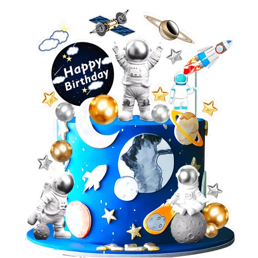 BANBALLON 28 Pieces Astronaut Space Cake Toppers Outer Space Astronaut Figurines Planet Rocket Satellite Pearl Balls and Stars Kids Space Theme Decorations for Birthday Party Supplies Baby Shower
