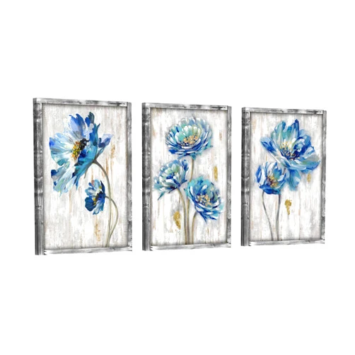 ARTISTIC PATH Rusric Flower Framed Wall Art - Modern Blue Splash Lotus Painting Watercolor Abstract Floral Pictures Wooden Artwork Decor for Living Room