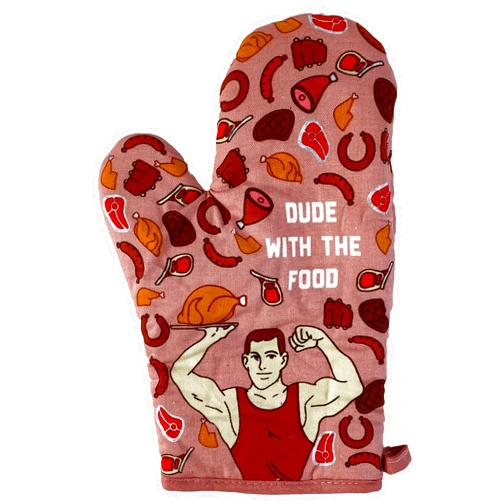 Crazy Dog T-Shirts Dude with The Food Oven Mitt Funny Meat Chef BBQ Protein Graphic Kitchen Glove Funny Graphic Kitchenwear Fitness Funny Food Novelty Cookware Pink Oven Mitt