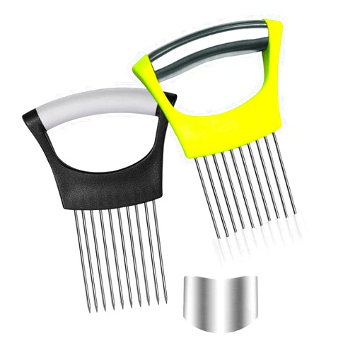 GENPEPADO Stainless Steel Onion Slicer Holder and Finger Guards for Cutting - Food Slicer Assistant Tool for Slicing Lemon, Tomato, Potato, Avocado, Fruit, Carrot, Eggs, Vegetable & Meat