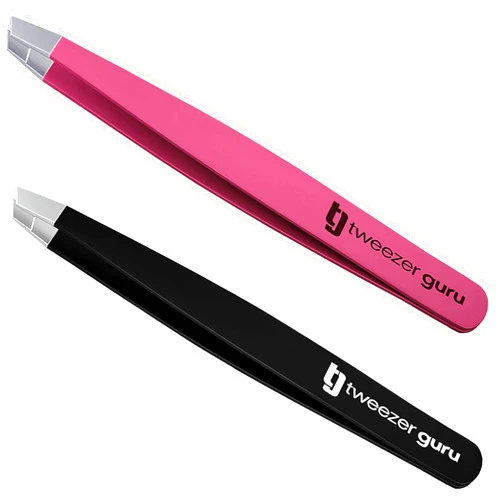 TWEEZER GURU 2-Pack Slant Tip Stainless Steel Tweezers for Eyebrows - Professional Precision Tweezing for Facial Hair